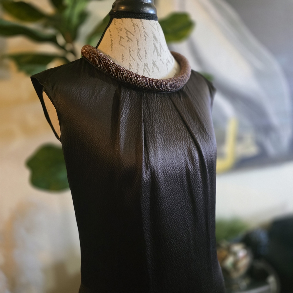 Etcetera Chocolate Brown Silk Dress Beaded Collar With Pockets